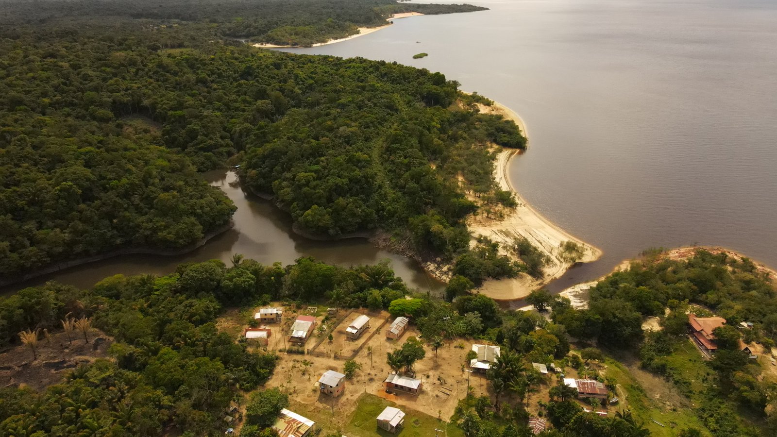Vista aérea de floresta, rio e ocupação humana